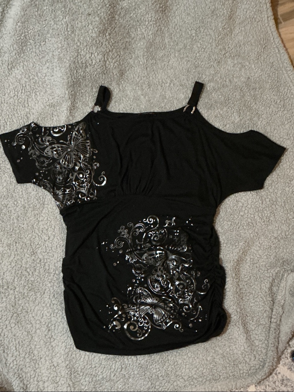 Black Cold-Shoulder Top with Silver Butterfly Foil